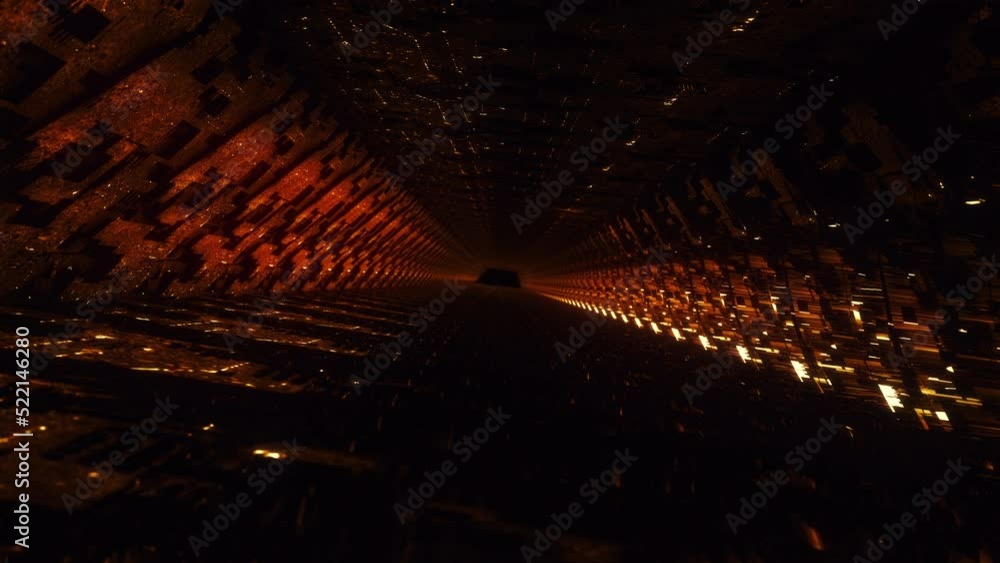 Poster abstract 3d grunge orange red hi technology tunnel animation. 4k 3d rendering sci-fi animation with 