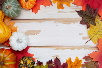 pumpkins and autumn leaves on a wooden white background of boards, copy space for text