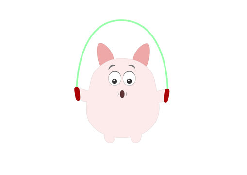 A smiling pig with an skipping rope