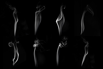 Multi style of white smoke pack shot in studio, white smoke from incense and black background, wave and splash shape for design, object and background concept