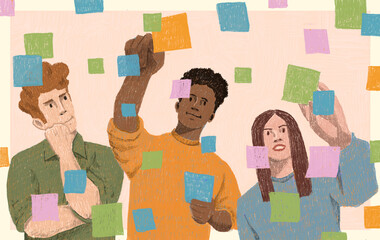 Colleagues are brainstorming with sticky notes illustration 