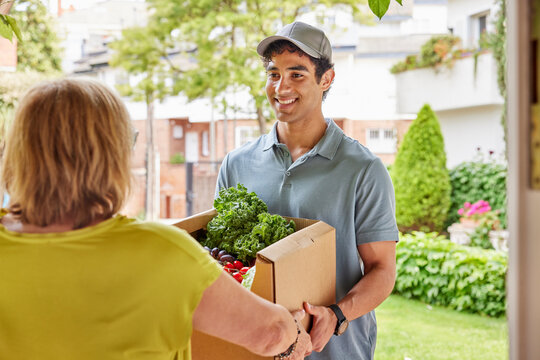 Friendly male courier delivering groceries to client