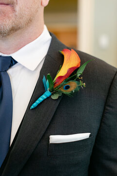 Closeup of a Groomsman's Boutonniere and Pocket Square