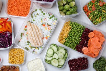 Set of containers with fresh food on white table, flat lay