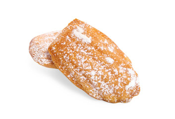 Delicious homemade madeleine cakes with powdered sugar on white background