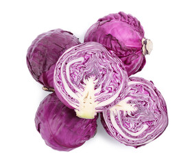 Fototapeta premium Whole and cut red cabbages on white background, top view
