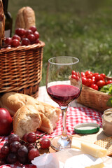 Blanket with picnic basket and different products on green grass