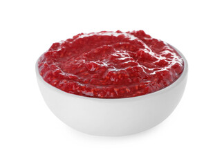 Raspberry puree in bowl on white background