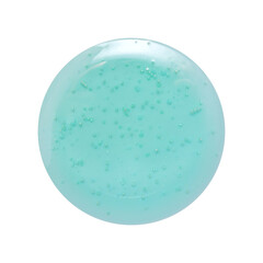 A drop of blue gel on a white background. Gel with cleansing particles. A sample of a facial or body cleanser.