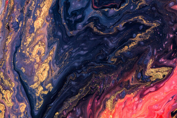 Luxury fluid art painting background. Spilled black, red, blu and gold acrylic paint.  Liquid marble pattern. Alcohol ink splash.