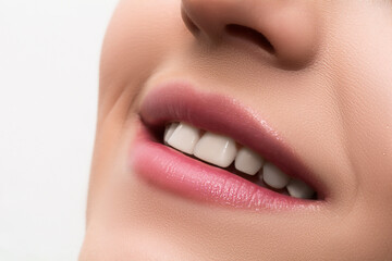 Beautiful female lips close up. Nude pink lipstick. Luxury makeup.