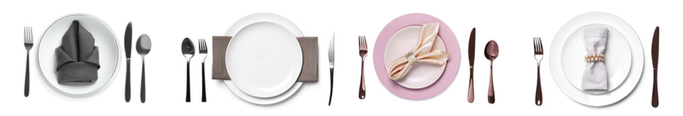 Set with examples of different beautiful table settings on white background, top view. Banner design
