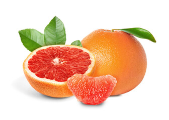 Tasty ripe grapefruits and green leaves on white background