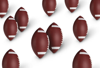 Many leather American football balls on white background