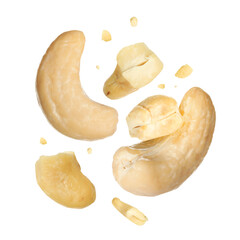 Tasty cashew nuts flying on white background