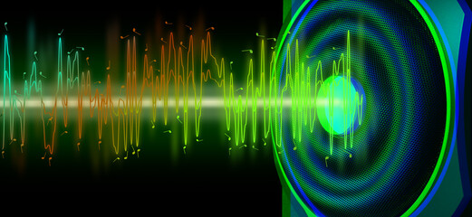 Modern powerful audio speaker and sound waves on dark background. Banner design