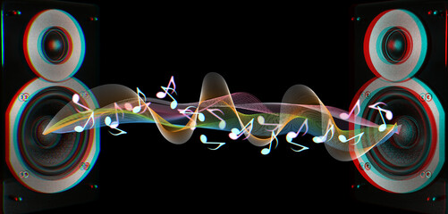 Modern powerful audio speakers and sound waves on dark background. Banner design