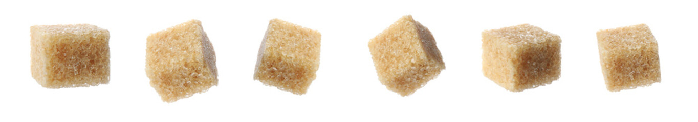 Set with cubes of brown sugar on white background. Banner design