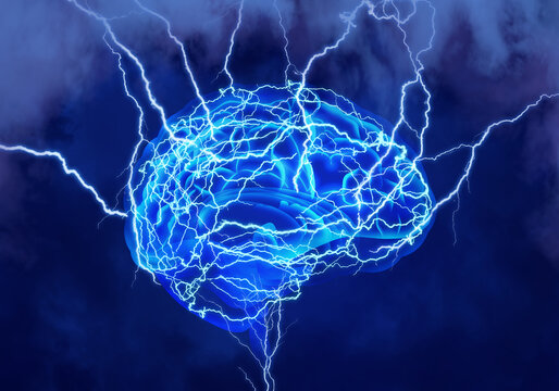 Illustration of human brain with lightning strikes on blue background