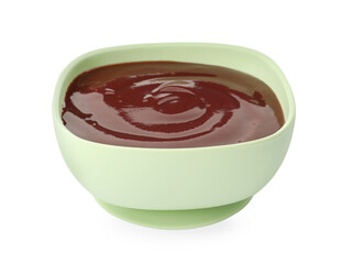 Bowl of tasty pureed baby food isolated on white