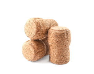 Many sparkling wine corks on white background