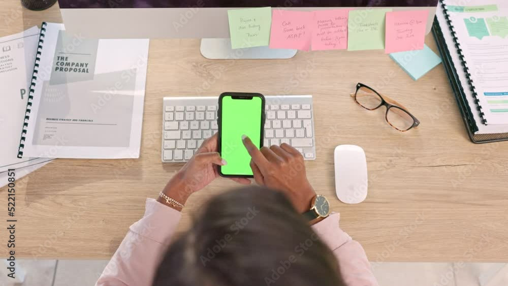 Poster Person holding a phone with green chromakey screen in their hand and browsing the internet online. Above person searching internet and reading a text on copy space with notifications on social media