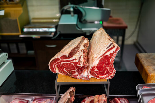 meat on the counter of a butcher shop