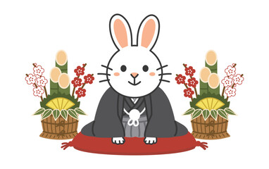 2023年　うさぎ年　年賀状素材　着物を着てお辞儀をするうさぎ　門松