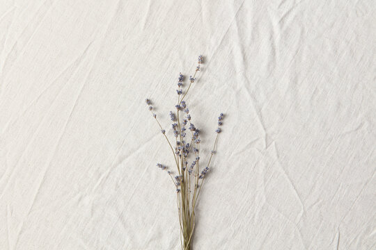 Dry lavender flowers on linen tablecloth.