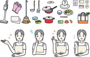 主婦をイメージした女性と家事（掃除・料理・買い物）のイラスト素材セット © hikari ito