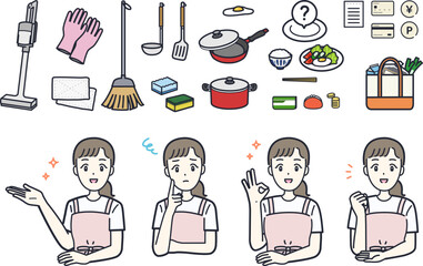 主婦をイメージした女性と家事（掃除・料理・買い物）のイラスト素材セット © hikari ito