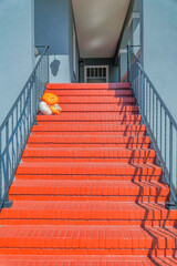 Red brown bricks outdoor staircase with displayed pumpkins in San Francisco, CA