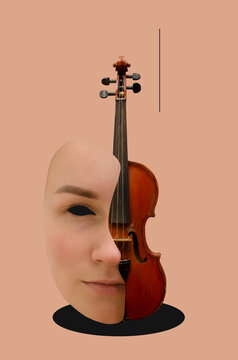 Collage with face of a woman and violin