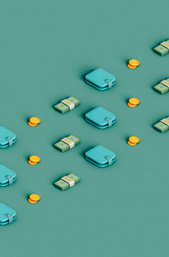 rows of wallets and money on green