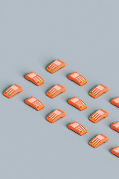 rows of Pink POS terminals