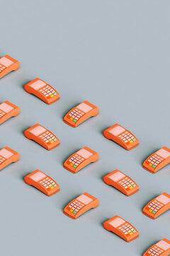 rows of Pink POS terminals crossing the blue background