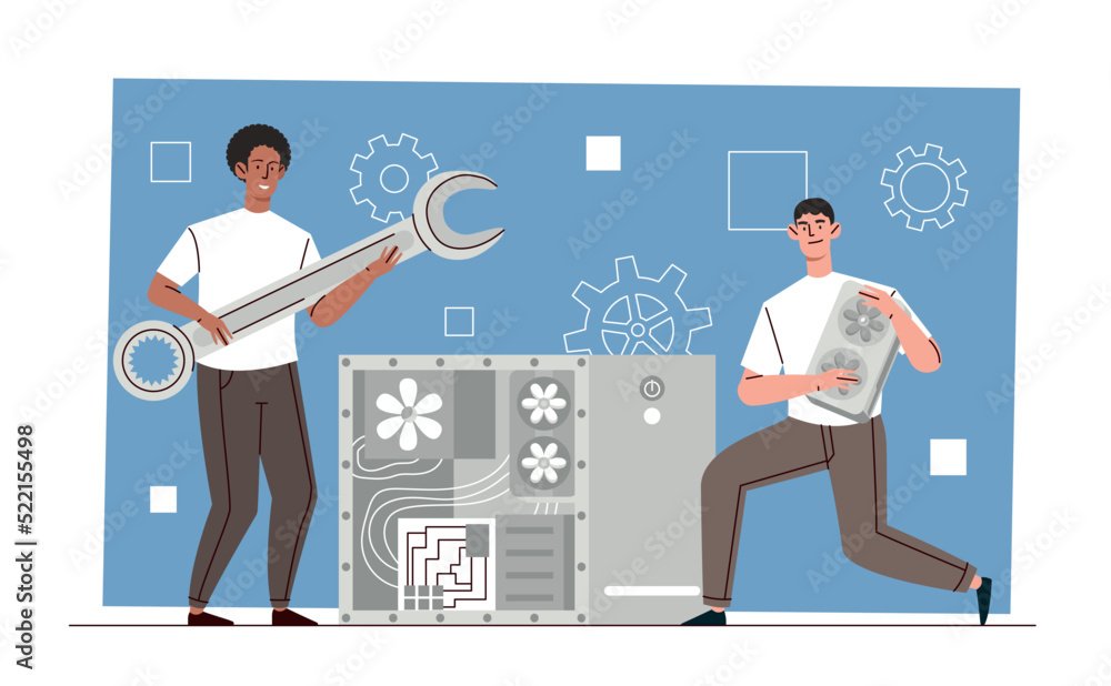 Poster computer repair concept. men changing parts in block, technical support and fixing problems. workers