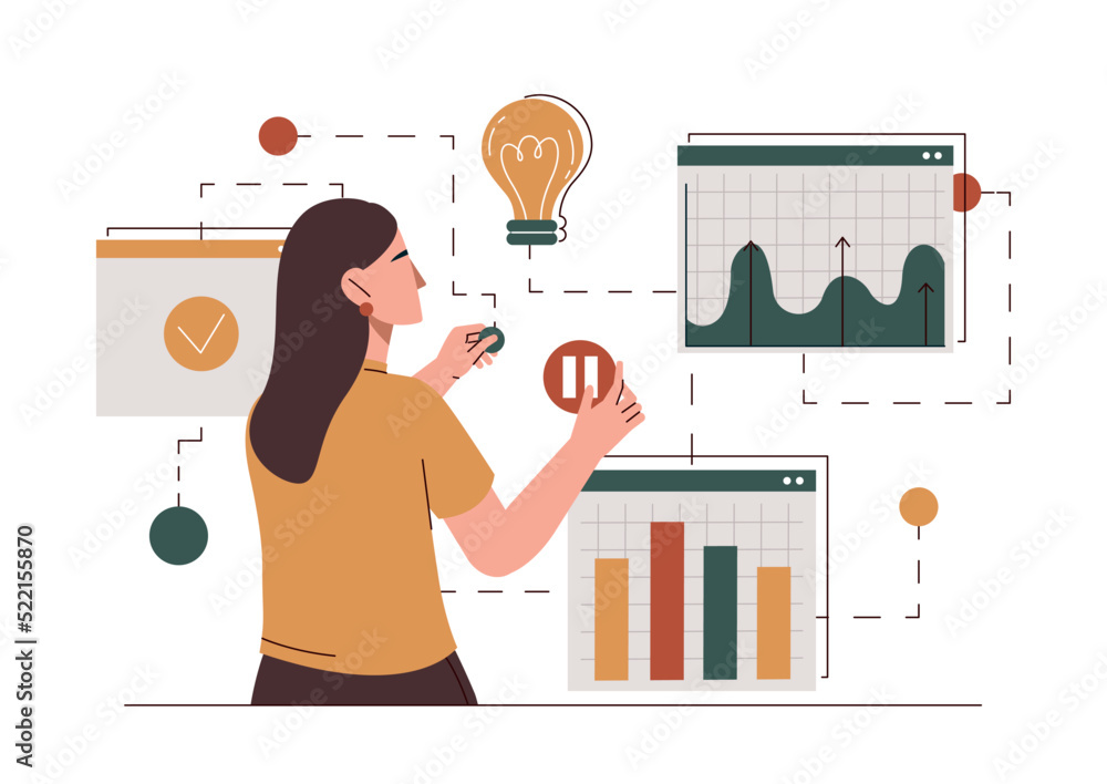 Poster design and development. girl analyzes graphs and charts, work with statistics and analytical departm