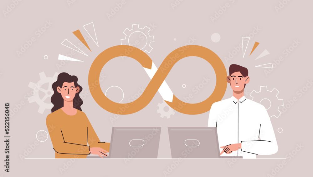 Poster devops software concept. man and girl at computers communicate on internet. modern technologies and 
