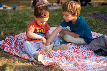 Children are having a healthy snack while eating outdoors on a picnic