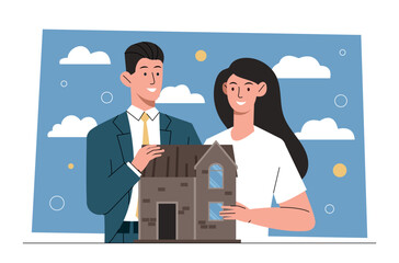 House insurance concept. Man and girl protect their home, pay for guaranteed reward in case of accident. Safety and comfort. Deals and contracts, purchasing property. Cartoon flat vector illustration