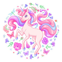 Obraz na płótnie Canvas Cute pink unicorn surrounded with flowers and butterflies. Cartoon vector illustration.