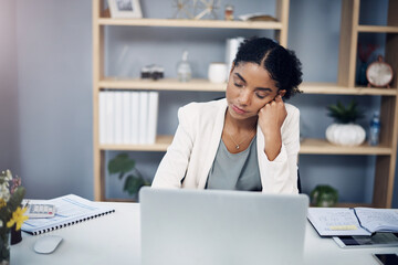 Tired, burnout and overworked woman working on a laptop in an office, sleepy and taking a nap....