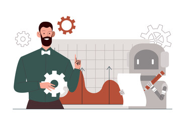 Robotic process concept. Factory automation and innovation. Bot for evaluating information and working with statistics. Digital world and modern technologies. Cartoon flat vector illustration