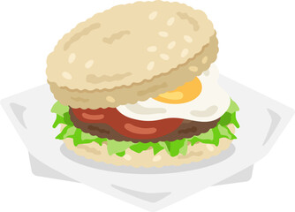 包み紙を開けた、ライスバーガーのイラスト