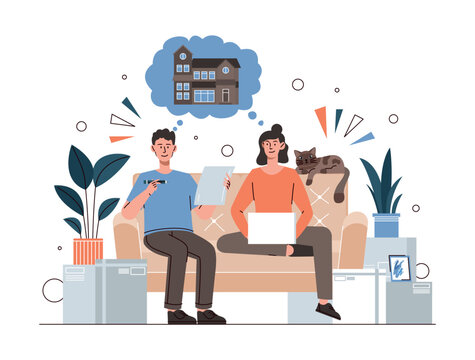 Family dreams concept. Man and girl want to buy big house. Young couple saving up to buy real estate. Savings and general financial goals, fantasy and imagination. Cartoon flat vector illustration
