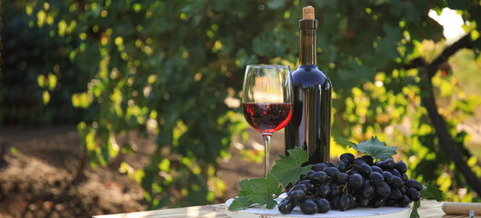 Tasty red wine and ripe grapes on table in vineyard