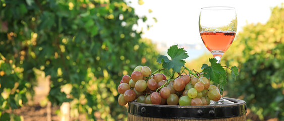 Glass of tasty wine and ripe grapes on barrel in vineyard