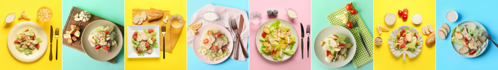 Collage with tasty Caesar salad on color background, top view