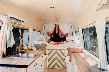 Hippe woman in camper van